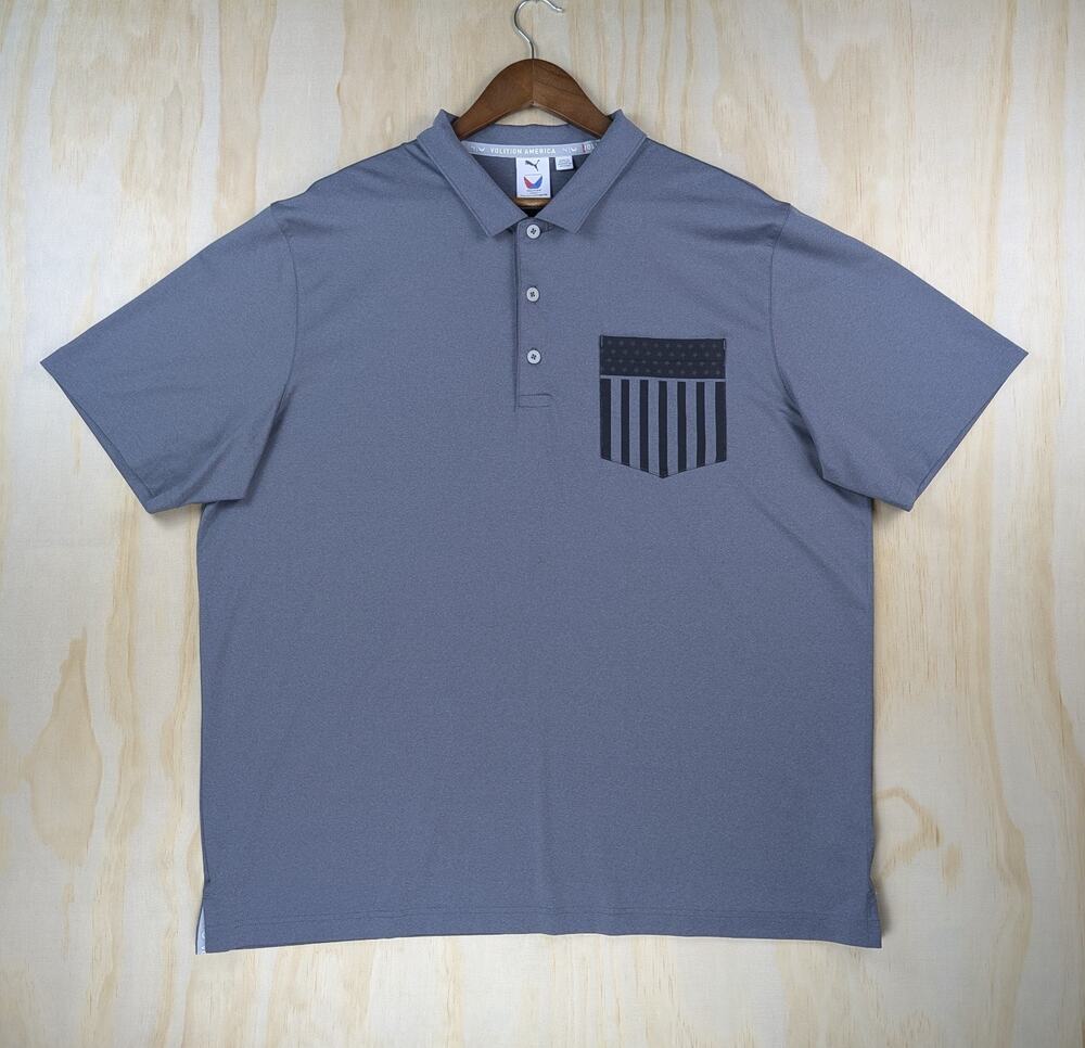 Puma Men's XL Volition America Polo Shirt Grey American Flag Pocket Golf